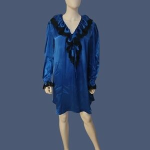 Vtg SABRINA 1980s Blue Satin Black Lace Edwardian Jabot Mini Nightgown
